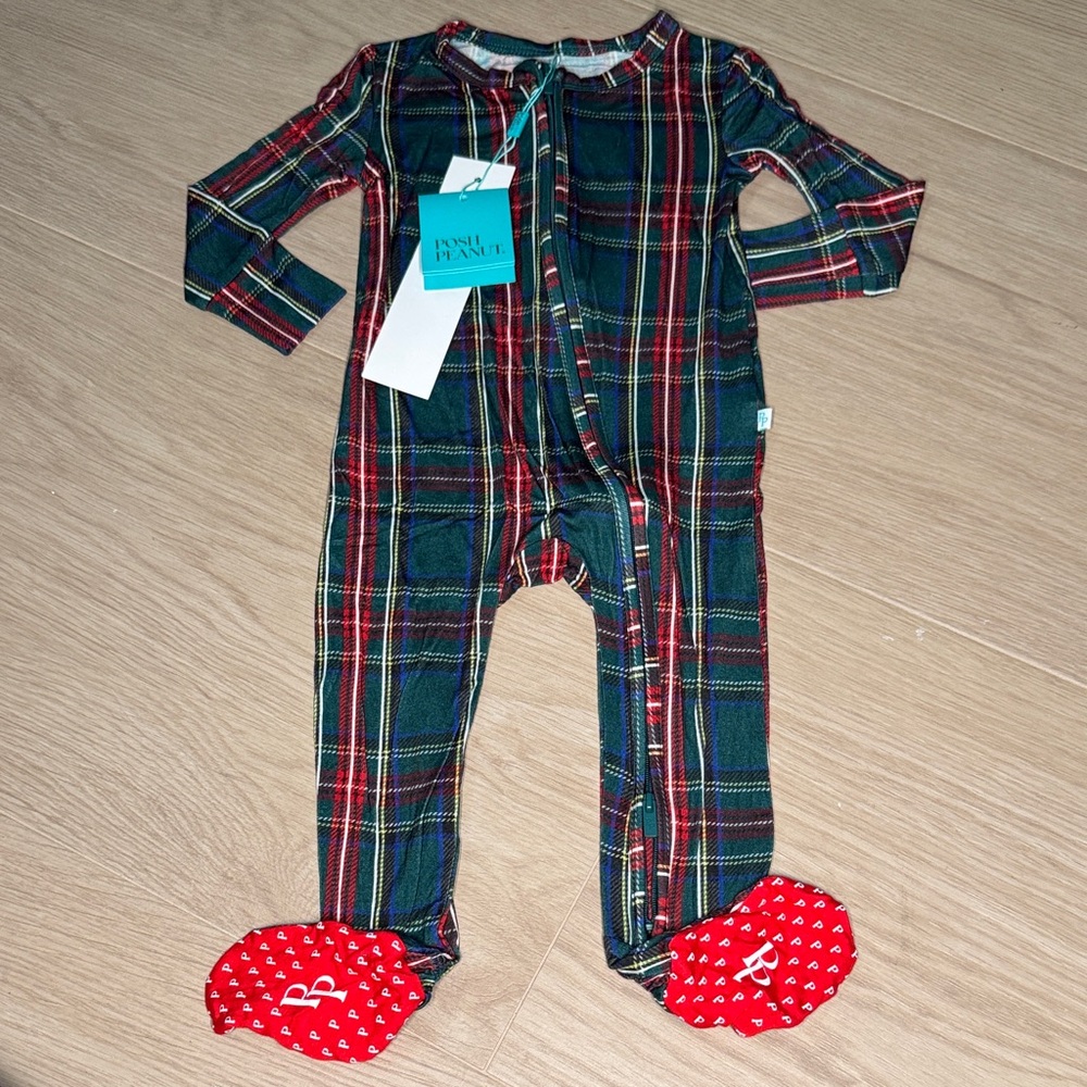 Posh Peanut Green and Red Plaid Kids Footie - Picture 3 of 7